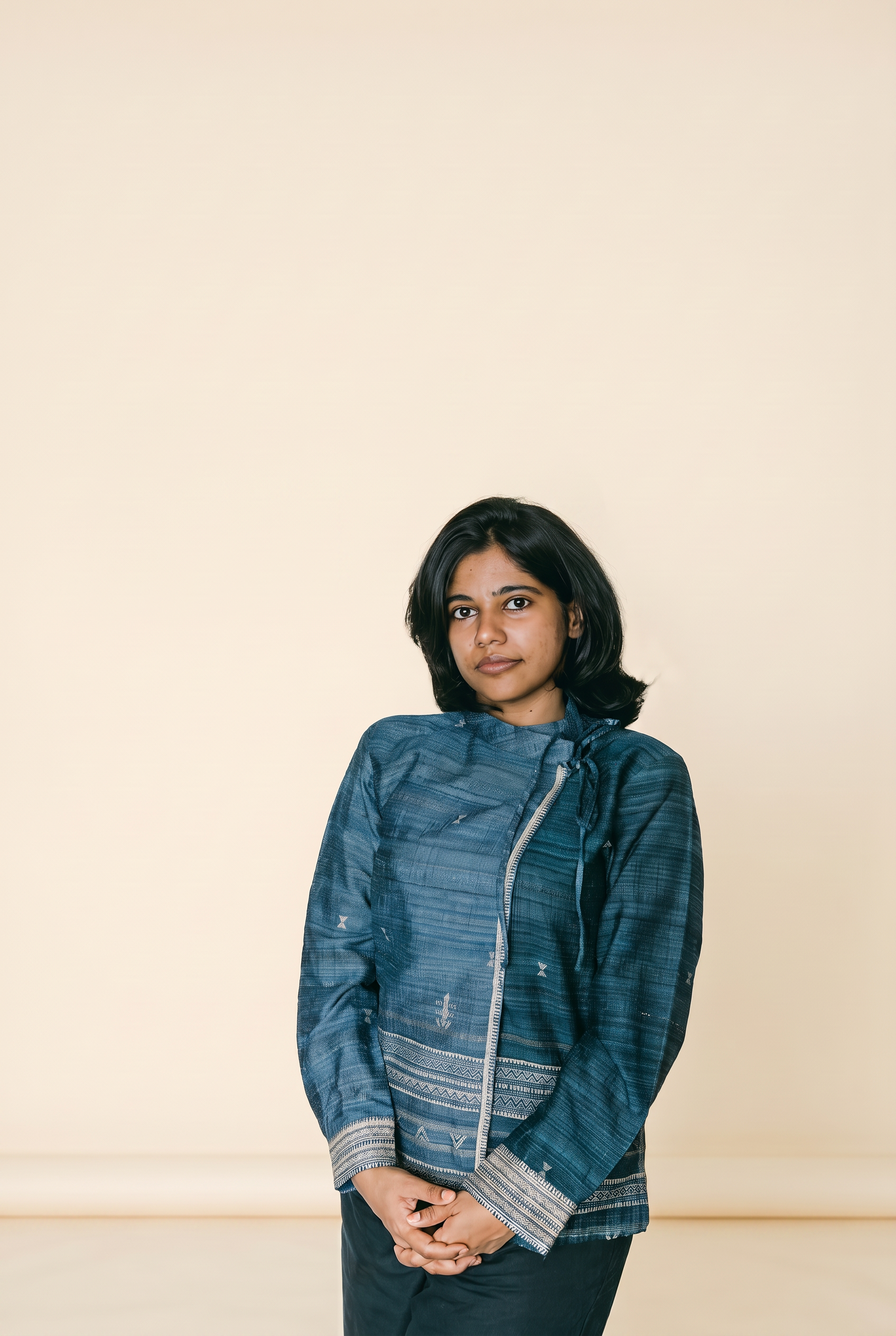 Shreya Mishra wearing the indigo handwoven jacket